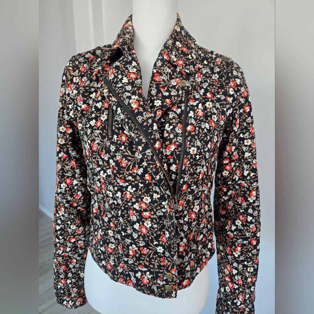 Hei Hei Anthropologie Tinsley Floral Crop Asymmetric Zip Moto Jacket Blazer Sz 0